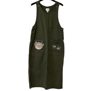 Christopher & Banks Vintage Jumper Overall Dress Lg Green Noahs Ark Embroidered